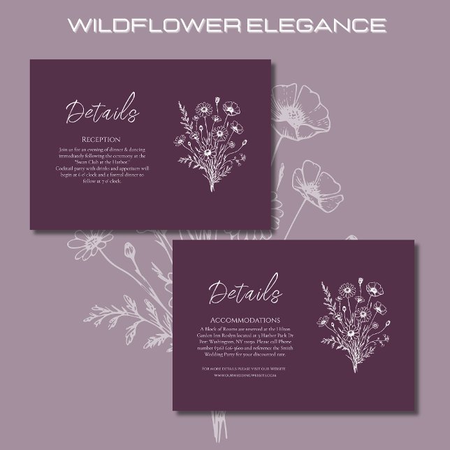 Cartão De Informações Detalhes do Casamento da Elegância de Flores Selva (Wildflower Elegance Wedding Details Purple-Rustic, Country, Bohemian)