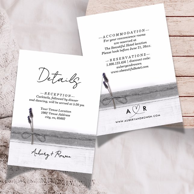 Cartão De Informações Detalhes do Casamento da Lavanda de Madeira Rustic (Criador carregado)