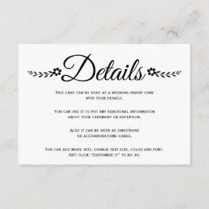 Cartão De Informações Detalhes do casamento da tipografia das flores pre