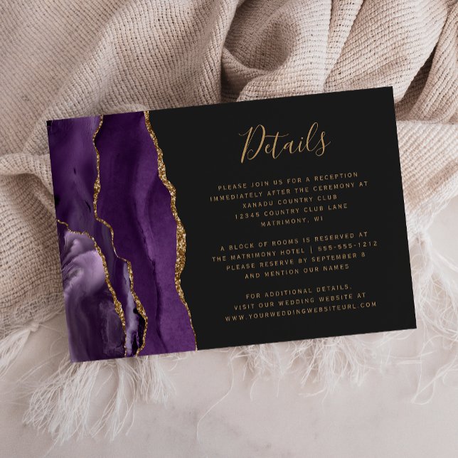 Cartão De Informações Detalhes do Casamento Dark Dourado de Agate Roxo M (Criador carregado)