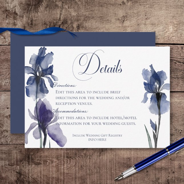 Cartão De Informações Detalhes do Casamento das Flores Iris Azuis (Blue Iris Flowers Wedding Details Enclosure Card)