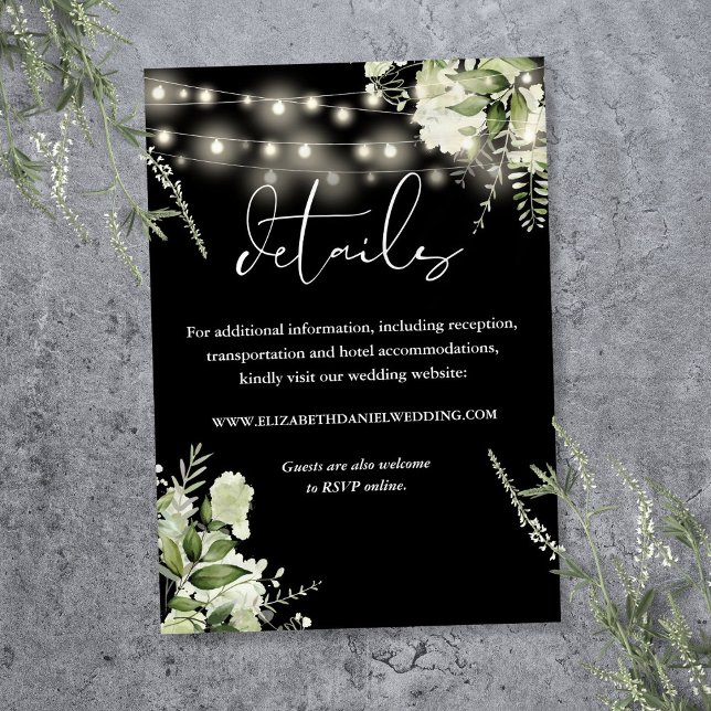 Cartão De Informações Detalhes do Casamento das Luzes Florais Greenery (Greenery Floral String Lights Wedding Details Enclosure Card)