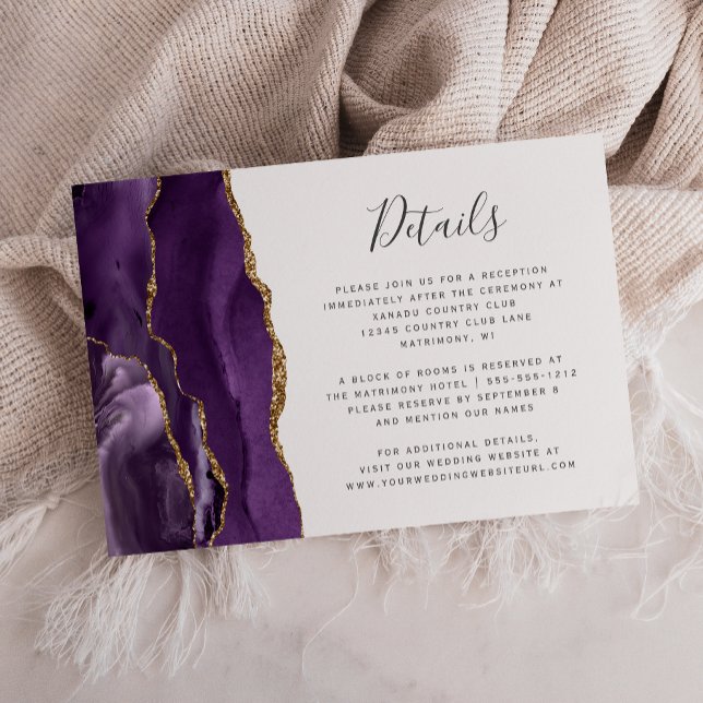 Cartão De Informações Detalhes do Casamento de Agata Dourada Roxo Modern (Criador carregado)
