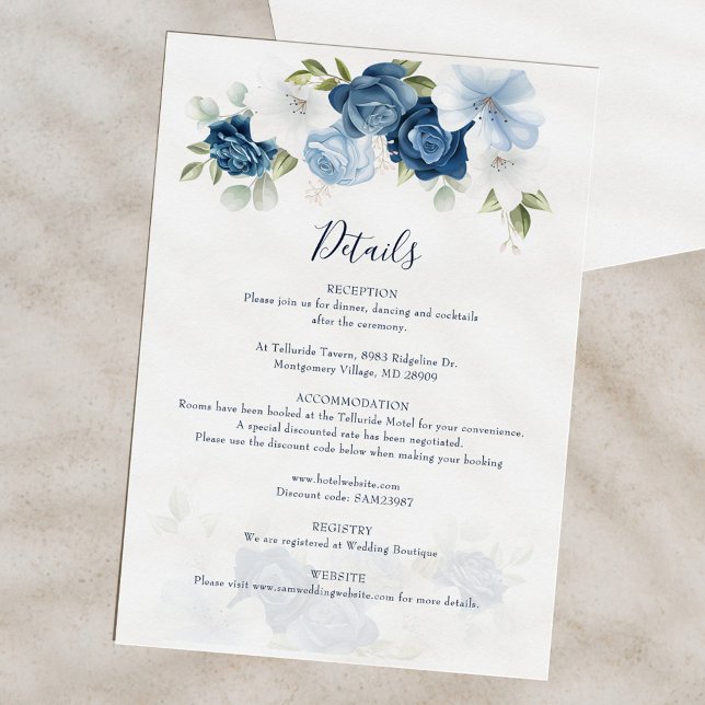 Cartão De Informações Detalhes do Casamento de Aquarela Floral Elegante (Floral Dusty Blue Watercolor Bloom Wedding Details)