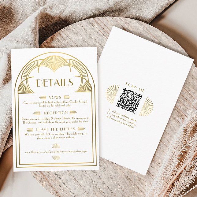 Cartão De Informações Detalhes do Casamento de Arco Único Dourado em Dec (Elegant Vintage gold art deco arch retro wedding invitation suite details card with website QR code)