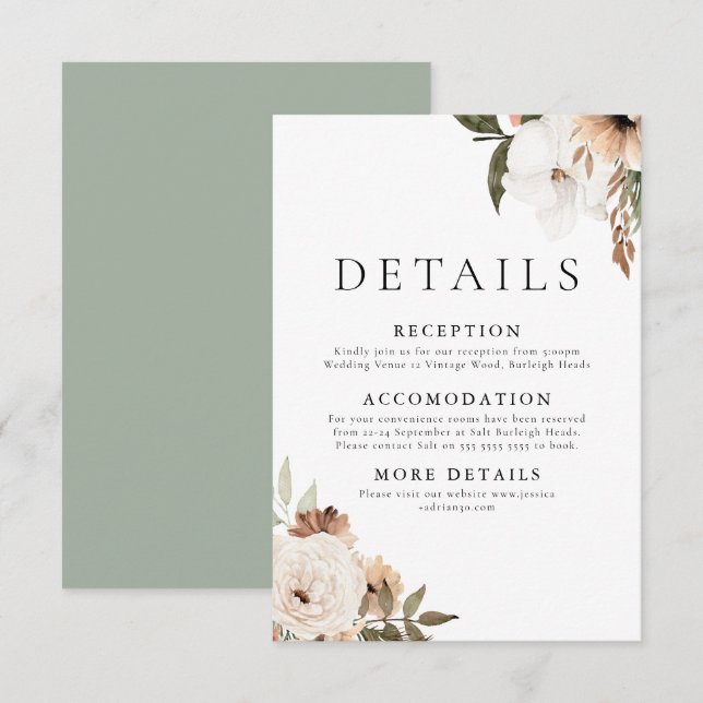 Cartão De Informações Detalhes do Casamento de Boho Floral Elegante (Frente/Verso)