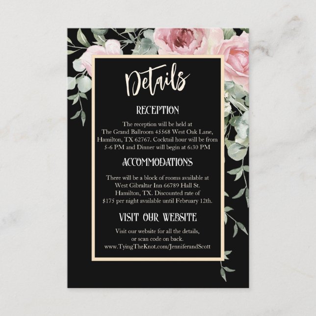 Cartão De Informações Detalhes do Casamento de Boho Floral Preto e Rosa (Frente)