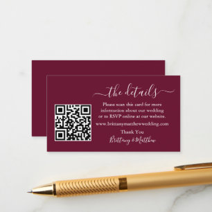 Cartão De Informações Detalhes do Casamento de Caligrafia Site QR Burgun