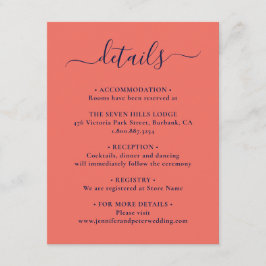 Cartão De Informações Detalhes do Casamento de Corais e Azul do Marinho