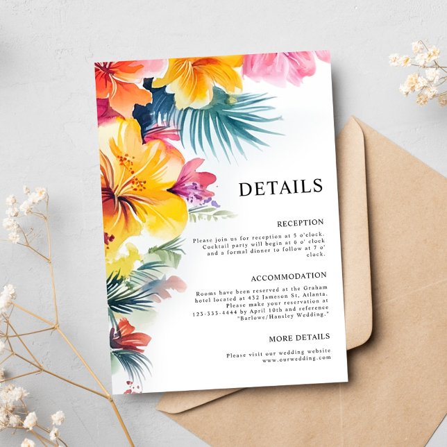 Cartão De Informações Detalhes do Casamento de Destino Tropical de Hibis (Hibiscus Tropical Destination Wedding Details Enclosure Card)