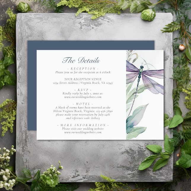 Cartão De Informações Detalhes do Casamento de Dragonfly e Greenery (Watercolor Dragonfly and Greenery Wedding Details Enclosure Card)
