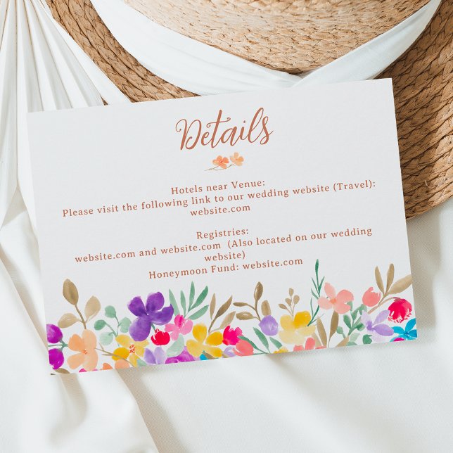 Cartão De Informações Detalhes do casamento de flores silvestres pintada (Painted garden wildflowers script wedding details enclosure card)