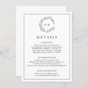 Cartão De Informações Detalhes do Casamento de Folha Negra e Branca Mini