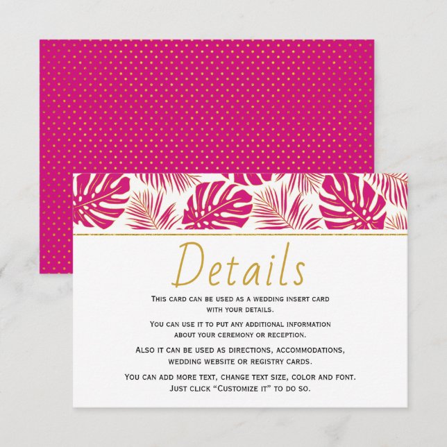 Cartão De Informações Detalhes do casamento de folhas tropicais magenta  (Frente/Verso)
