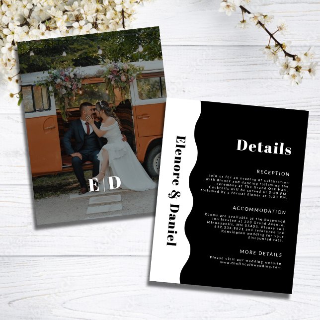 Cartão De Informações Detalhes do Casamento de Fotografias do Lado Branc (Modern Black White Side Wave Photo Wedding Details Enclosure Card)