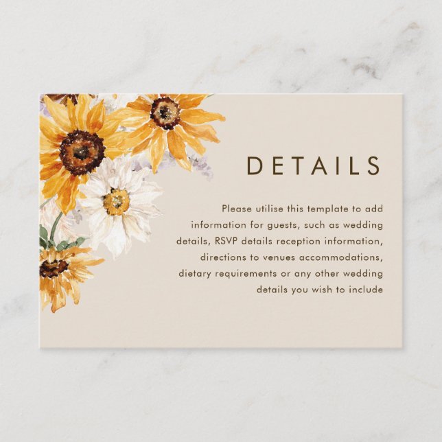 Cartão De Informações Detalhes do Casamento de Girassóis Boêmios (Frente)