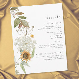 Cartão De Informações Detalhes do Casamento de Girassóis Florais Rústico