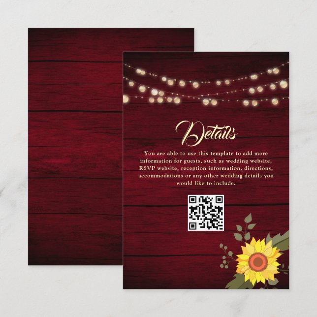 Cartão De Informações Detalhes do Casamento de Girassol Código QR (Frente/Verso)