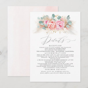 Cartão De Informações Detalhes do Casamento de Grass Pampas Florais Rosa