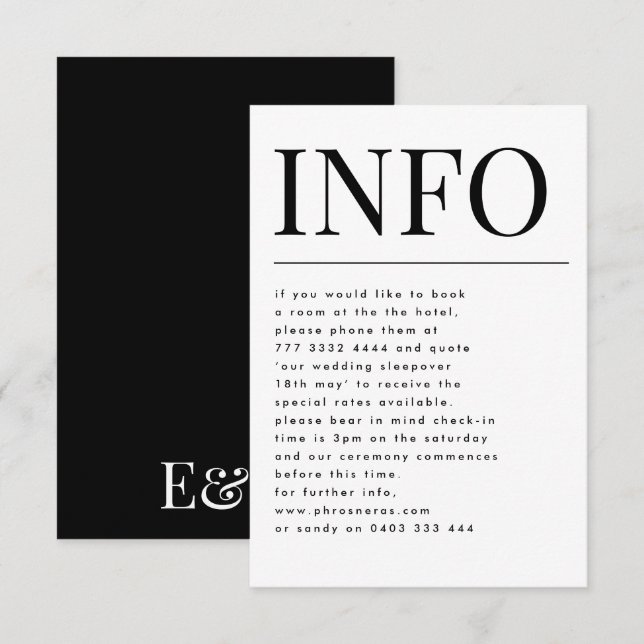 Cartão De Informações Detalhes do Casamento de INFORMAÇÕES Grandes Cláss (Frente/Verso)