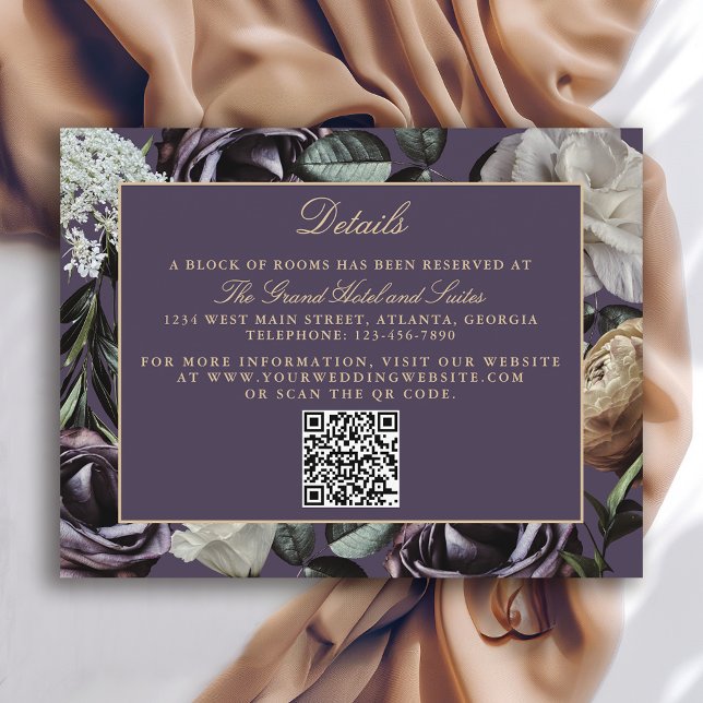 Cartão De Informações Detalhes do Casamento de Moody Dark Roxo Elegante (Criador carregado)