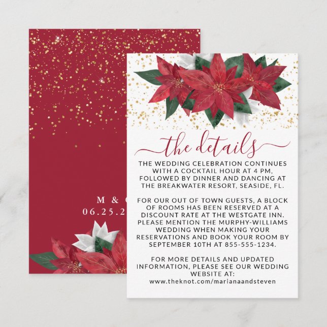 Cartão De Informações Detalhes do Casamento de Natal com Poinsettia Eleg (Frente/Verso)