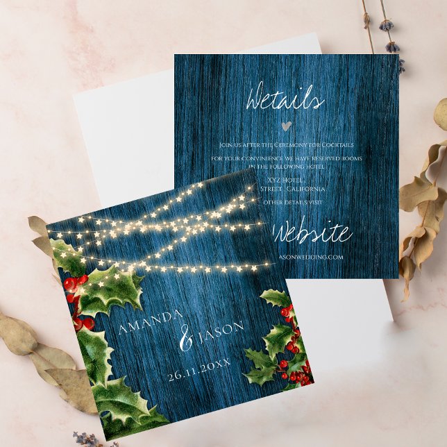 Cartão De Informações Detalhes do Casamento de Natal das Lâmpadas de Mad (Blue Wood String Lights Christmas Wedding Details Enclosure Card)