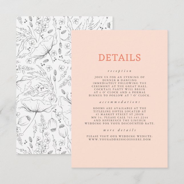 Cartão De Informações Detalhes do Casamento de Padrão de Flores Selvagen (Frente/Verso)