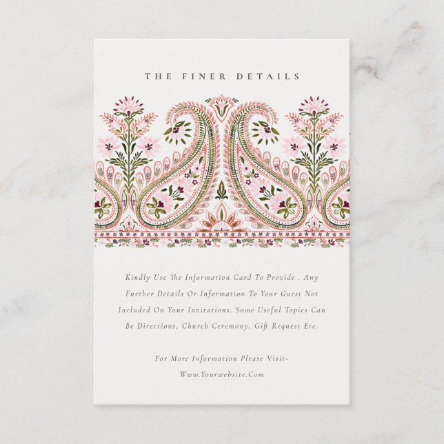 Cartão De Informações Detalhes do Casamento de Paisley Motif, Verde-Rosa (Frente)