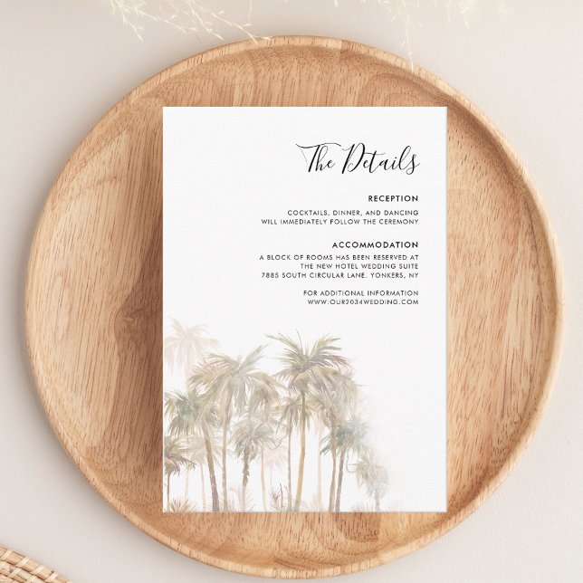Cartão De Informações Detalhes do Casamento de Palm Tree Beach (Palm Tree Tropical Beach Wedding Details Enclosure Card)
