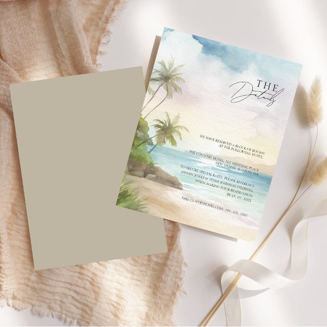 Cartão De Informações Detalhes do Casamento de Palmeiras de Praia Tropic (Tropical Beach Palm Trees Wedding Details Enclosure Card)