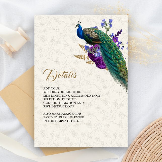 Cartão De Informações Detalhes do Casamento de Pavão Floral Roxo Real (Criador carregado)