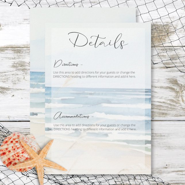 Cartão De Informações Detalhes do Casamento de Praia da Aquarela Costeir (Modern Seaside Watercolor Beach Wedding Details Enclosure Card)