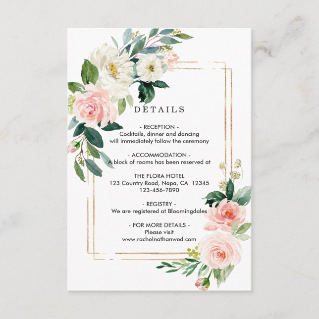Cartão De Informações Detalhes do Casamento de Quadro Dourado Blush Whit (Frente)