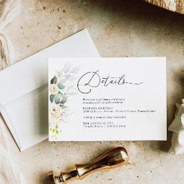 Cartão De Informações Detalhes do Casamento de Rosas Brancas Greenery
