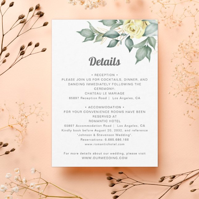 Cartão De Informações Detalhes do casamento de rosas de aquarela amarela (Criador carregado)