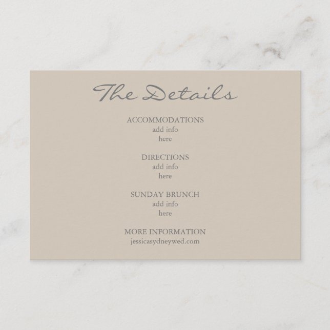 Cartão De Informações Detalhes do Casamento de Script Beige Taupe Minima (Frente)