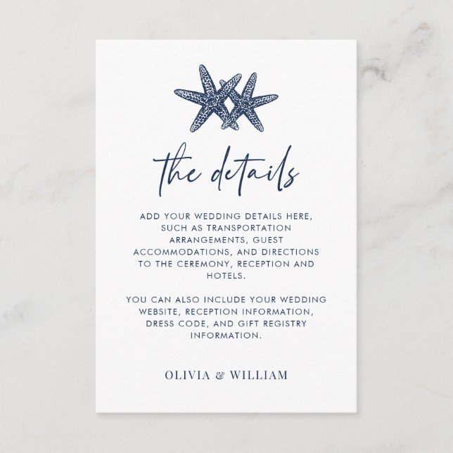 Cartão De Informações Detalhes do Casamento de Starfish Modern Marinho B (Frente)