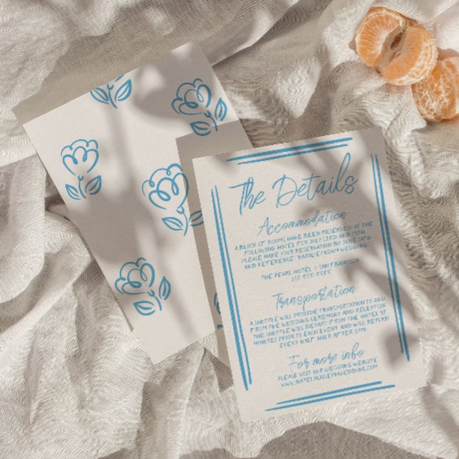 Cartão De Informações Detalhes do Casamento Desenhado da Mão Azul Medite (Criador carregado)