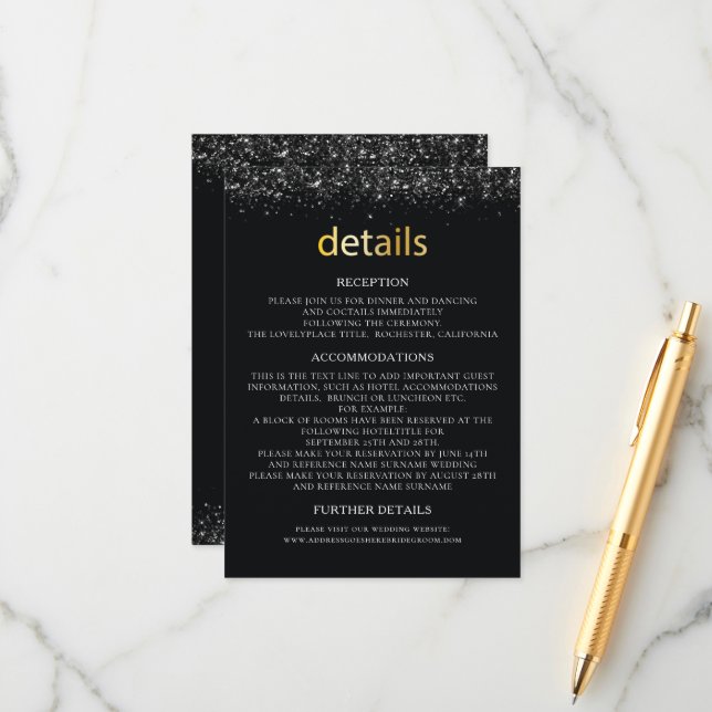 Cartão De Informações Detalhes do Casamento design preto com detalhes da (Frente/Verso In Situ)