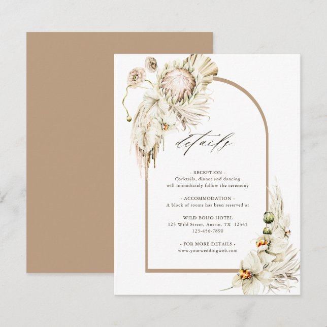 Cartão De Informações Detalhes do Casamento do Arco de Grama Boho Protea (Frente/Verso)