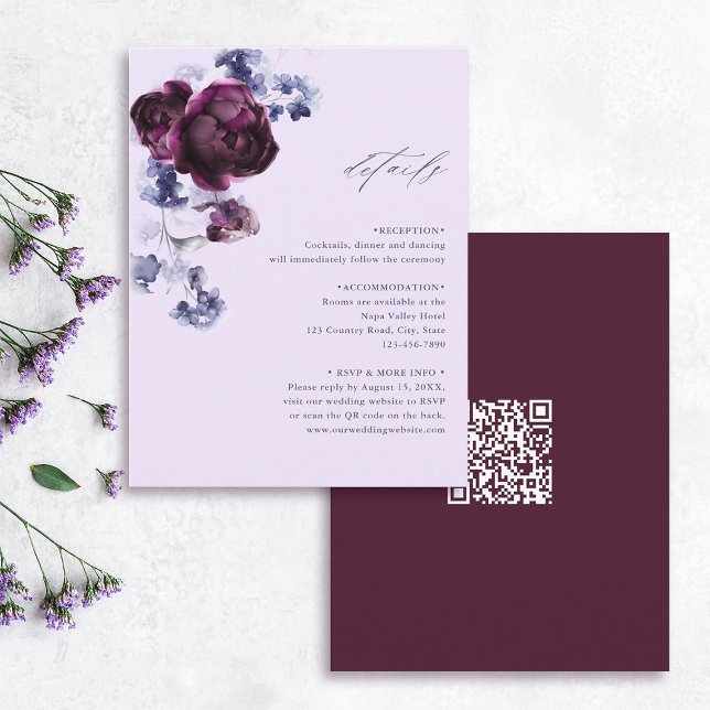 Cartão De Informações Detalhes do Casamento do Código QR Floral Roxo & I (Front & Back)