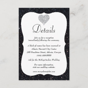 Cartão De Informações Detalhes do Casamento do Coração com Diamante Negr