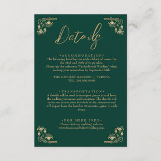 Cartão De Informações Detalhes do casamento do Deco de Arte Verde e Ouro