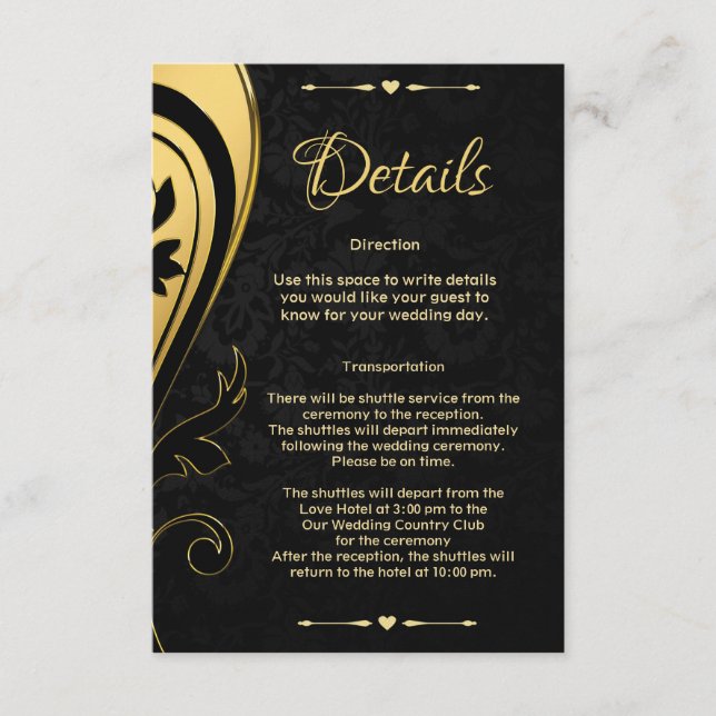Cartão De Informações Detalhes do Casamento do Deco Negro Dourado Elegan (Frente)