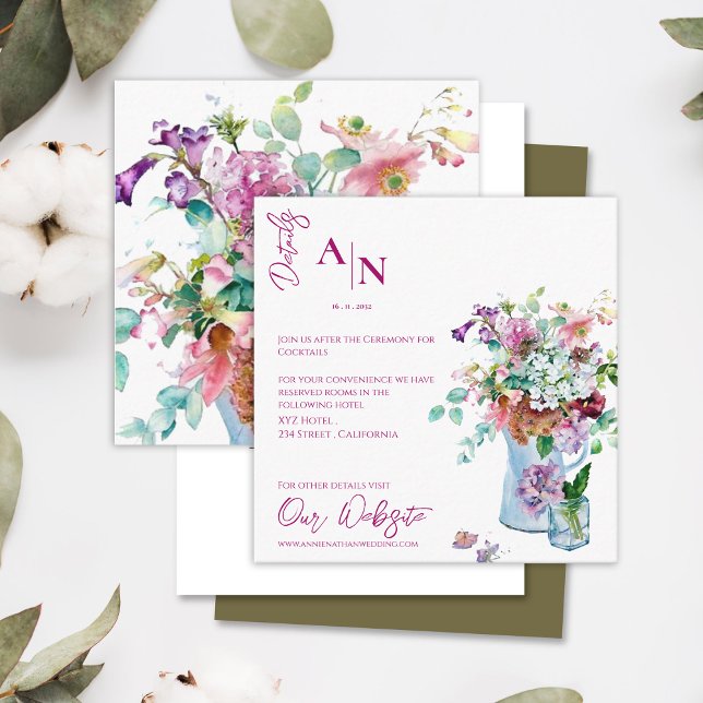 Cartão De Informações Detalhes do Casamento do Jardim Floral Rosa-Rosa b (Pretty Rustic Pink Floral Garden Wedding Details Enclosure Card)