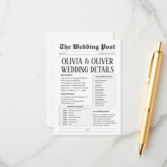 Cartão De Informações Detalhes do casamento do jornal (Frente/Verso In Situ)