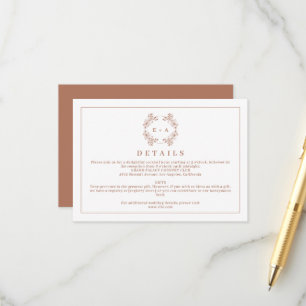 Cartão De Informações Detalhes do Casamento do Monograma Terracota Elega