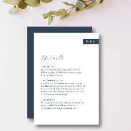 Cartão De Informações Detalhes do Casamento do Script Monograma Azul Bra