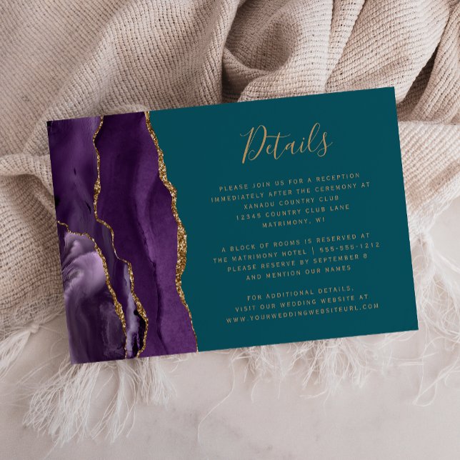Cartão De Informações Detalhes do Casamento do Teal Agate Dourado Roxo M (Criador carregado)